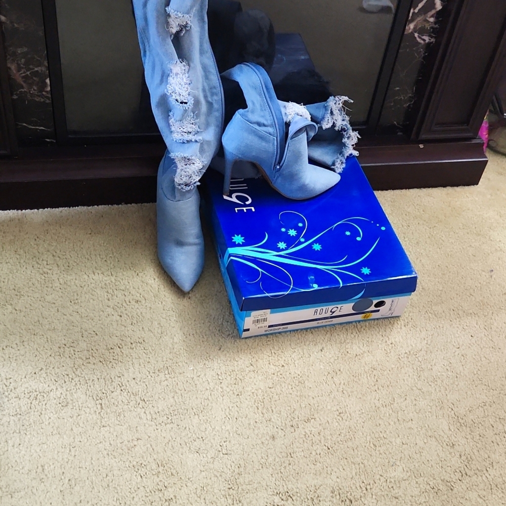 Thigh-high heel blue denim boots